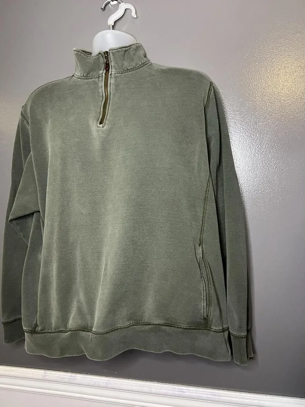 L.L. Bean Sweatshirt Mens Large Green 1/4 Zip Fleece Pullover Pockets Mock Neck